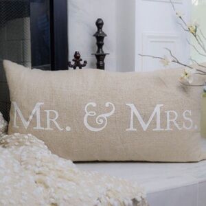 EUC “MR. & MRS.” Linen Lumbar Throw Pillow With a Grey Duck Down Insert